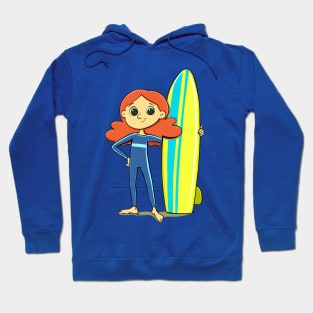 girl dressed in a swimming suit with a surfboard on the water Hoodie